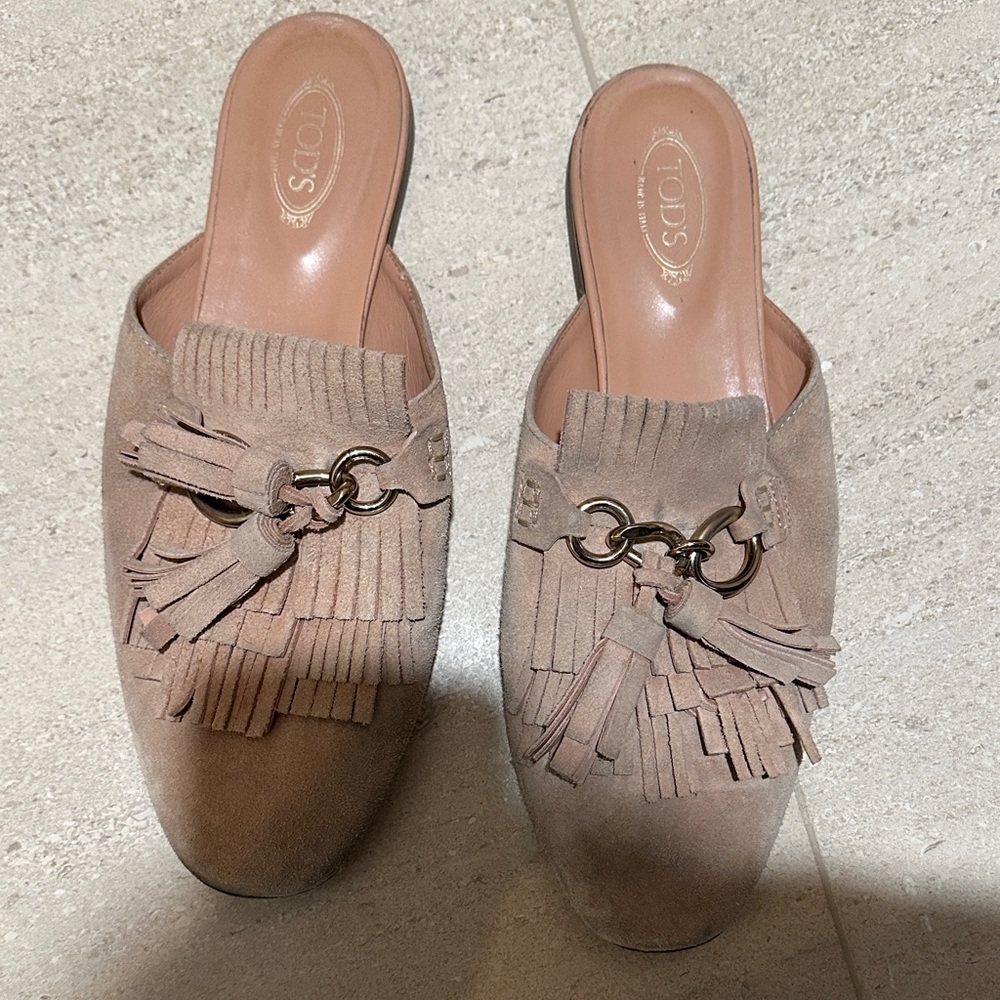 Tod's Taupe Suede Mules with Tassel Detail